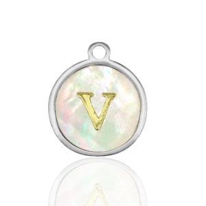 Breloques en acier Inox nacre rond 12mm lettre V Blanc (couleur naturelle)-argent&eacute;