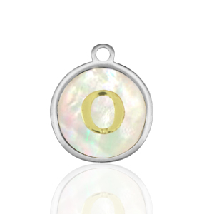 Breloques en acier Inox nacre rond 12mm lettre O Blanc (couleur naturelle)-argent&eacute;