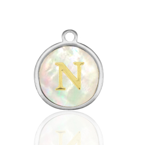 Breloques en acier Inox nacre rond 12mm lettre N Blanc (couleur naturelle)-argent&eacute;