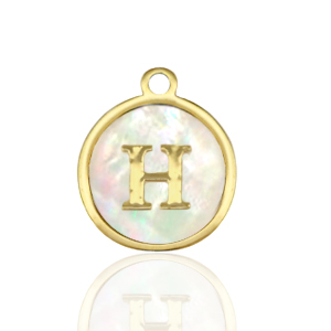 Breloques en acier Inox nacre rond 12mm lettre H Blanc (couleur naturelle)-dor&eacute;
