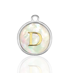 Breloques en acier Inox nacre rond 12mm lettre D Blanc (couleur naturelle)-argent&eacute;