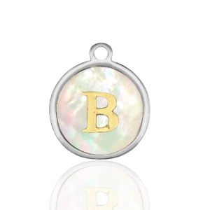 Breloques en acier Inox nacre rond 12mm lettre B Blanc (couleur naturelle)-argent&eacute;