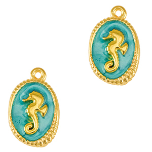 Breloques en m&eacute;tal DQ hippocampe Dor&eacute;-bleu turquoise (sans nickel)