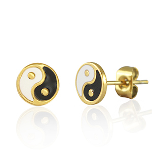 Boucles d'oreilles / puces d&rsquo;oreilles en acier Inox Yin & Yang 7mm Dor&eacute;-noir blanc