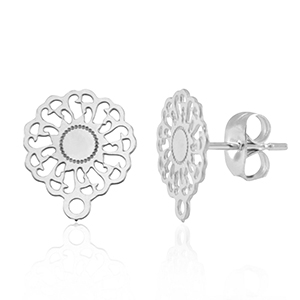 Appr&ecirc;ts en acier Inox boucles d'oreilles / puces d&rsquo;oreilles 14mm fleur avec anneau Argent&eacute;