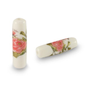 Perles en verre tube fleur Blanc-rouge rose