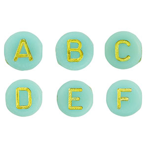 Perles lettres acryliques m&eacute;lang&eacute;es Vert turquoise-dor&eacute;
