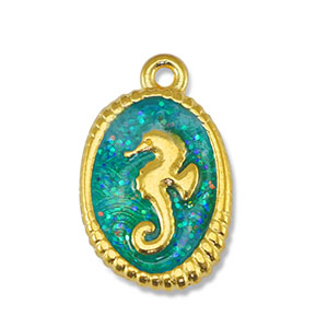 Breloques en m&eacute;tal DQ hippocampe Paillet&eacute; Turquoise-Dor&eacute; (sans nickel)