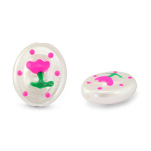 Perles acryliques ovale avec fleur Perle-rose-vert
