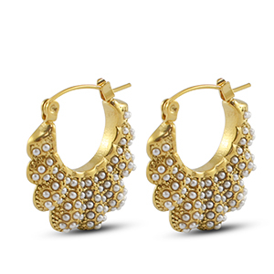 Boucles d'oreilles / puces en acier Inox &eacute;ventail avec imitations perles Dor&eacute;