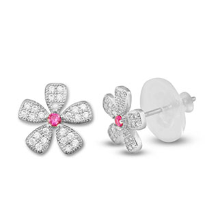M&eacute;tal TQ laiton boucles d'oreilles / puces d&rsquo;oreilles zirconium fleur Argent&eacute;