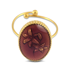 Bagues en acier inox &eacute;maill&eacute;es ovale avec fleur Dor&eacute;-am&eacute;thyste