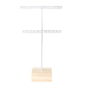 Pr&eacute;sentoir bijoux en forme de T pour boucles d'oreilles avec pied en bois blanc-bois