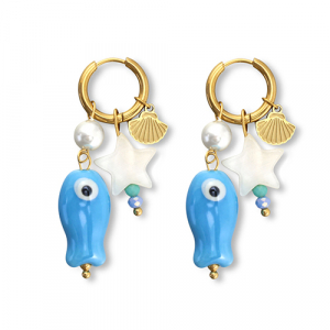 Boucles d'oreilles en acier Inox poisson Dor&eacute;-bleu-blanc