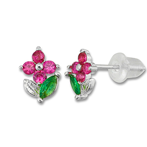 M&eacute;tal TQ laiton boucles d'oreilles / puces d&rsquo;oreilles fleur Argent&eacute;-rose fonc&eacute;-vert