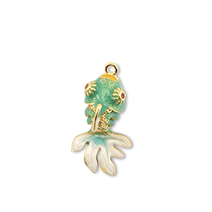 Breloques en laiton Eco-brass&reg; poisson Dor&eacute;-turquoise-blanc