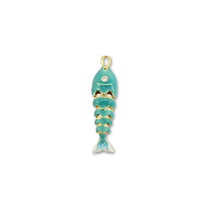 Breloques en laiton Eco-brass&reg; poisson Dor&eacute;-turquoise-blanc