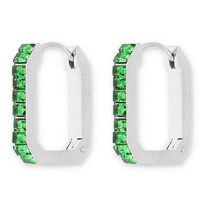 Boucles d'oreilles / cr&eacute;oles en acier Inox rectangle avec strass Argent&eacute;-vert