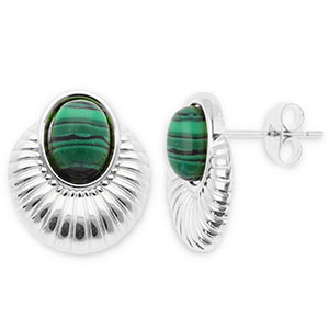 Boucles d'oreilles / puces en acier Inox ovale Argent&eacute;-vert fonce-noir