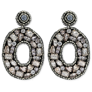 Boucles d'oreilles tendance avec perles en verre ovale Noir-argent&eacute;-bleu clair