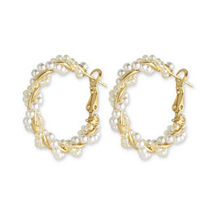 Boucles d'oreilles tendance perles torsad&eacute; Blanc-dor&eacute;