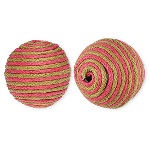 Perles acryliques 22 mm avec fil en coton cir&eacute; wax Verte olive-rose fonc&eacute;