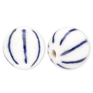 Perles en c&eacute;ramique 10&nbsp;mm avec ray&eacute;es Blanc cass&eacute;-bleu de Delft