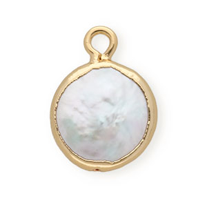 BQ Perles d'eau douce breloque rond Dor&eacute;-Blanc naturel