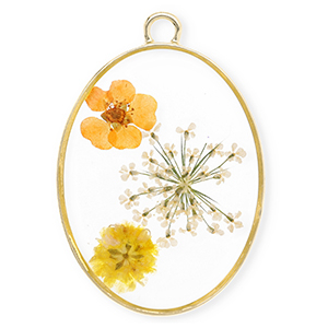 Pendentifs avec fleurs s&eacute;ch&eacute;es ovale Dor&eacute;-blanc cass&eacute;-orange doux-orange