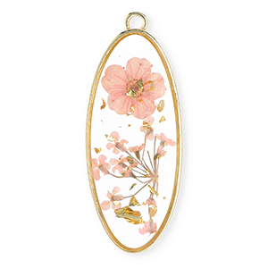 Pendentifs avec fleurs s&eacute;ch&eacute;es oblong ovale Dor&eacute;-rose clair