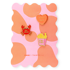 BY31&reg; Pins "Fuck this"&nbsp;/&nbsp;"Oh crab"&nbsp;/&nbsp;"Fri yay" sur la carte Orange-rose multicolore-rouge-jaune