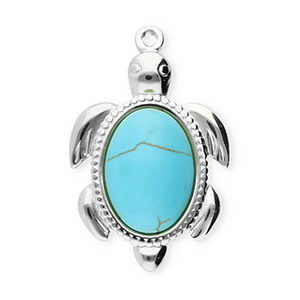 Breloques en acier Inox tortue Argent&eacute;-bleu