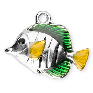 Breloques en acier Inox &eacute;maill&eacute;e poisson Argent&eacute;-vert-jaune-noir