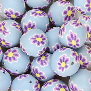 Perles en silicone 18&nbsp;mm rond avec fleurs peintes &agrave; la main Bleu clair-violet-jaune