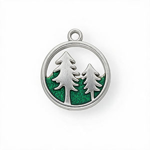 Breloques en acier Inox &eacute;mail rond avec arbres Argent&eacute;-vert