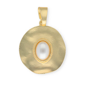 Pendentifs accroche-regard rond avec imitations perle ovale Dor&eacute;-blanc
