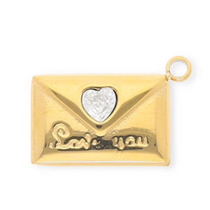 Breloques en acier Inox avec strass enveloppe "Love you" Dor&eacute;-cristal