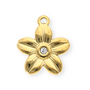 Breloques en acier Inox avec strass fleur Dor&eacute;-cristal