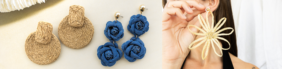 Boucles d&rsquo;oreilles en raphia et denim